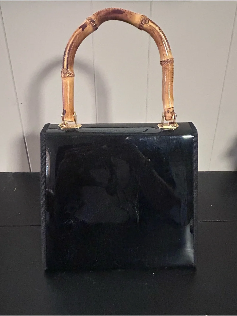 Black Patent Top-Handle Bag with Bamboo Accent